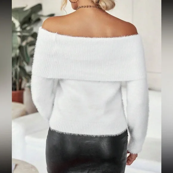 white flap Foldover detail Off Shoulder Fuzzy Sweater - Picture 5 of 6